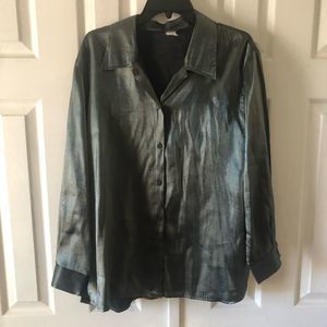 Vintage David Wayne dark green metallic, shiny, silky, button up blouse 1X